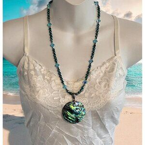 Abalone Pendant Necklace with Swarovski Crystals and Freshwater Pearls and Earri